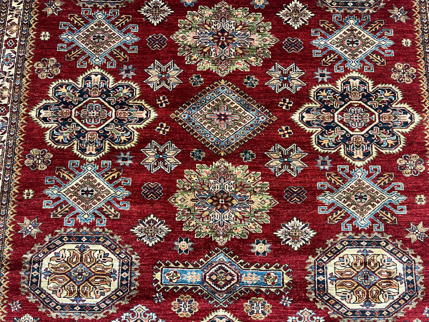 Super Kazak Red/ Light Blue 8X10 Handmade Wool Rug # 14521