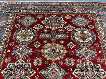 Super Kazak Red/ Light Blue 8X10 Handmade Wool Rug # 14521