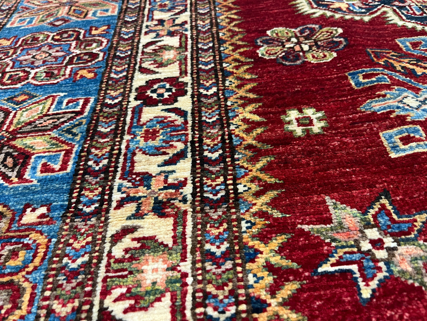 Super Kazak Red/ Light Blue 8X10 Handmade Wool Rug # 14521