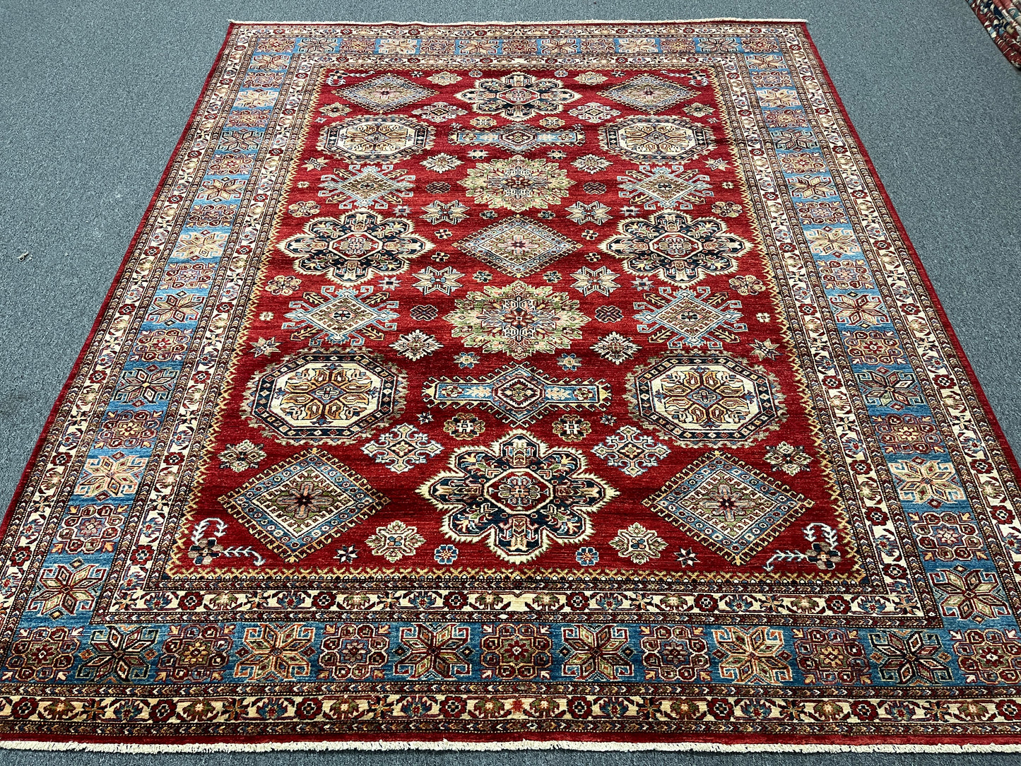 Super Kazak Red/ Light Blue 8X10 Handmade Wool Rug # 14521