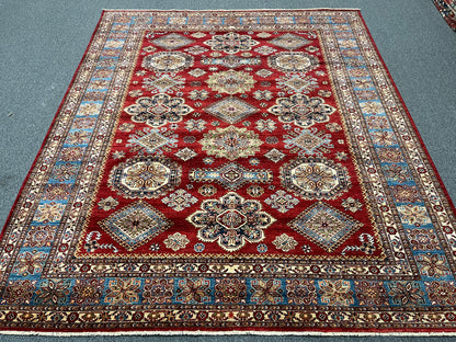 Super Kazak Red/ Light Blue 8X10 Handmade Wool Rug # 14521