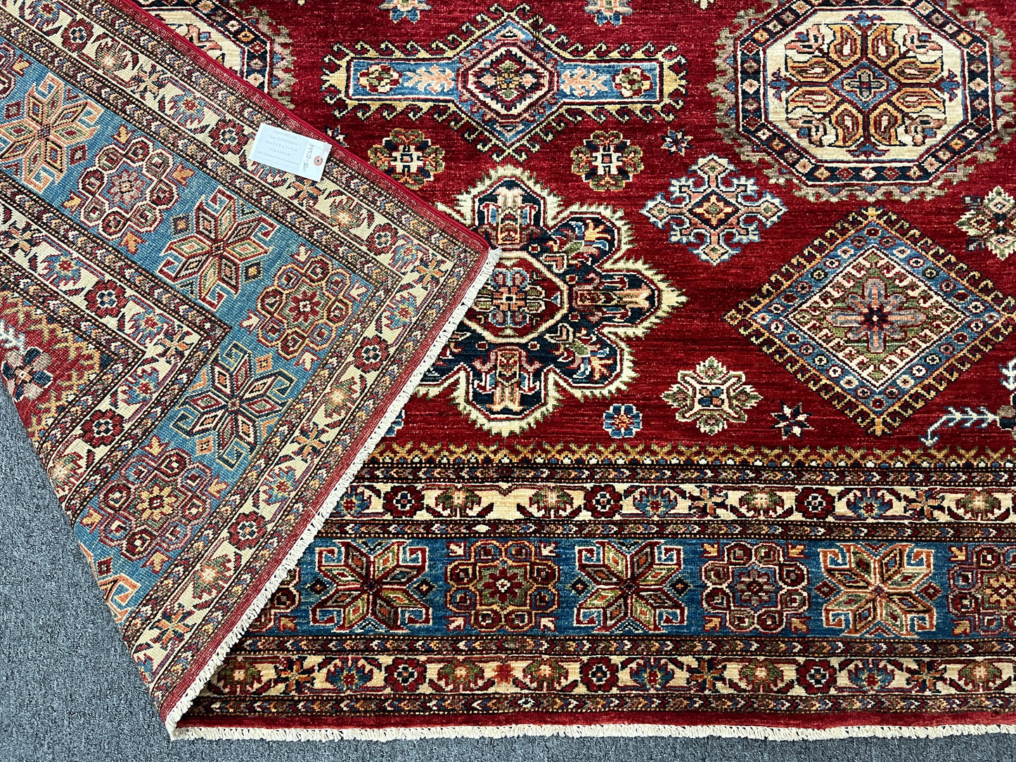 Super Kazak Red/ Light Blue 8X10 Handmade Wool Rug # 14521