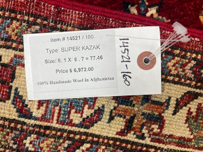 Super Kazak Red/ Light Blue 8X10 Handmade Wool Rug # 14521