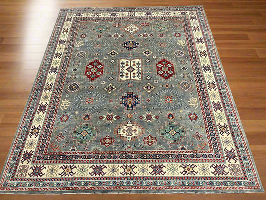 Gray Kazak Geometric 8X10 Handmade Wool Rug # 14449