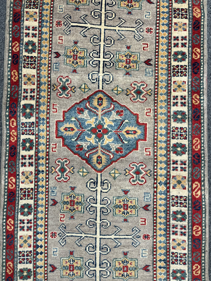 Gray Kazak Runner 2' 5"X7' Handmade Wool Rug # 14478