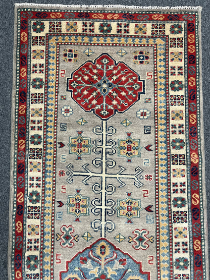 Gray Kazak Runner 2' 5"X7' Handmade Wool Rug # 14478