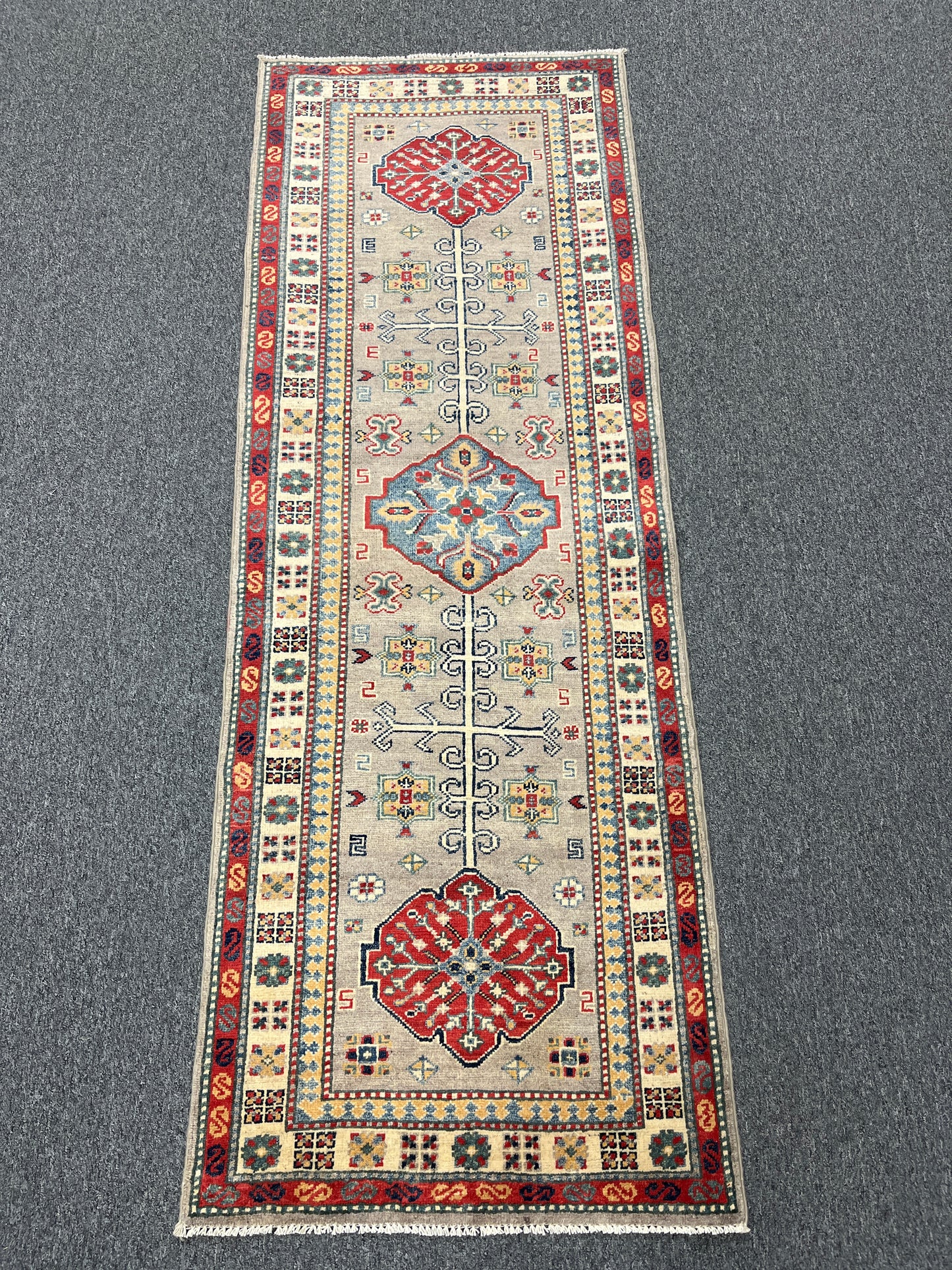 Gray Kazak Runner 2' 5"X7' Handmade Wool Rug # 14478