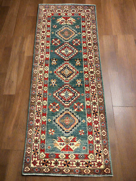 Green Kazak Runner 2' 6"X7' Handmade Wool Rug # 14476