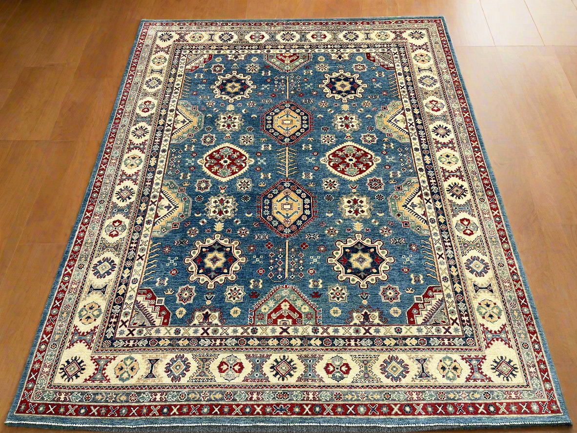 Light Blue 8X10 Kazak Handmade Wool Rug # 14450