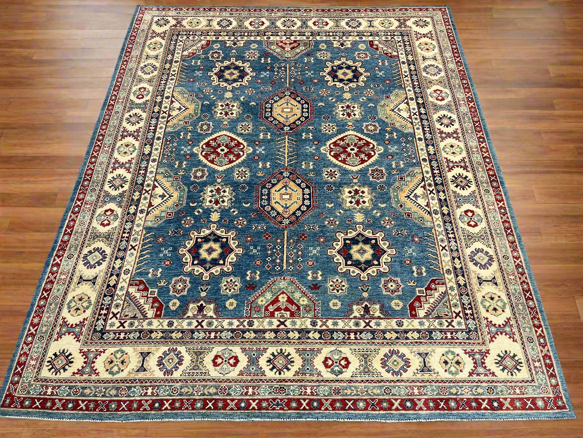 Light Blue 8X10 Kazak Handmade Wool Rug # 14450