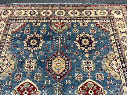 Light Blue 8X10 Kazak Handmade Wool Rug # 14450