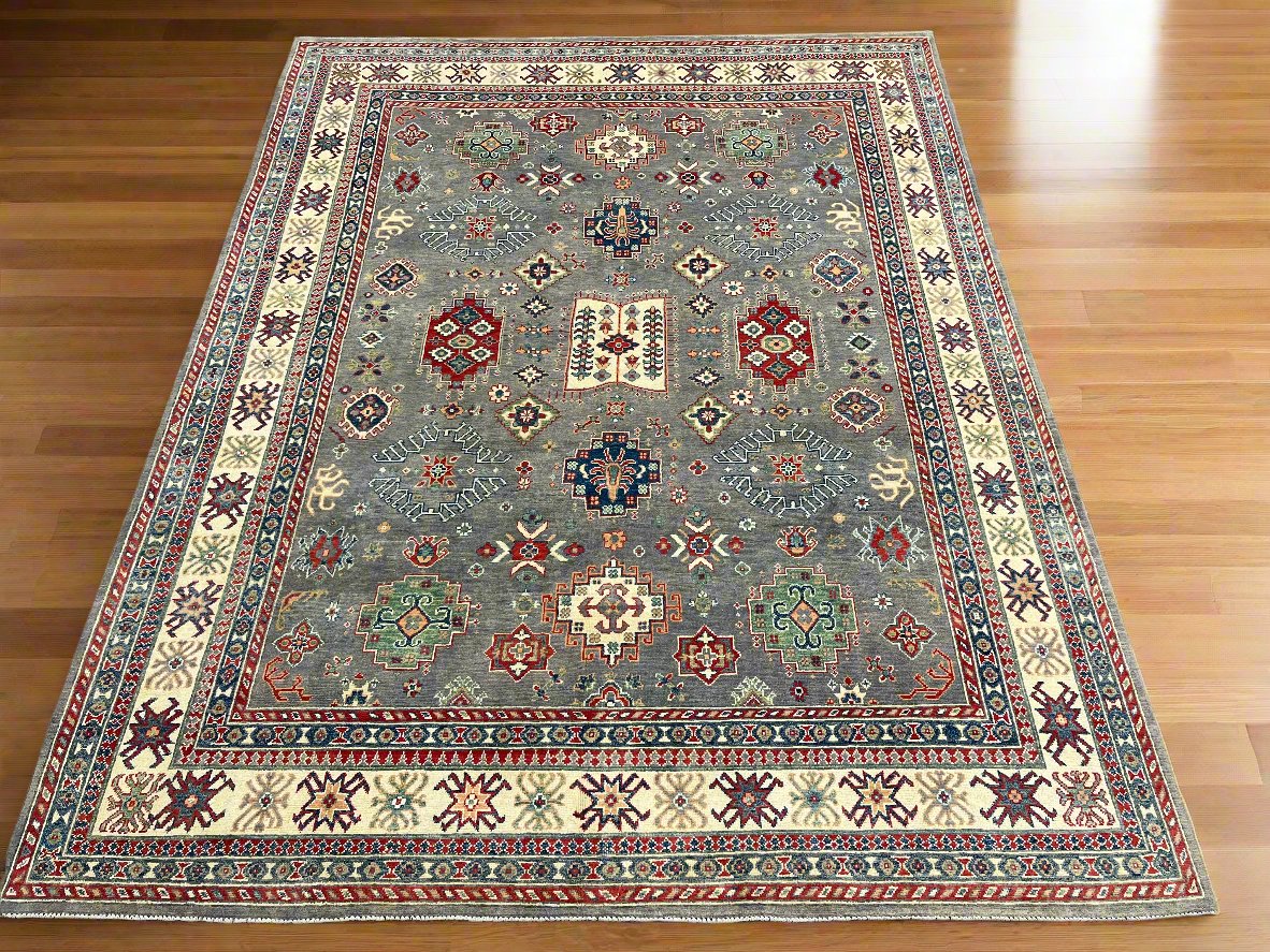 Gray Kazak Geometric 8X10 Handmade Wool Rug # 14486