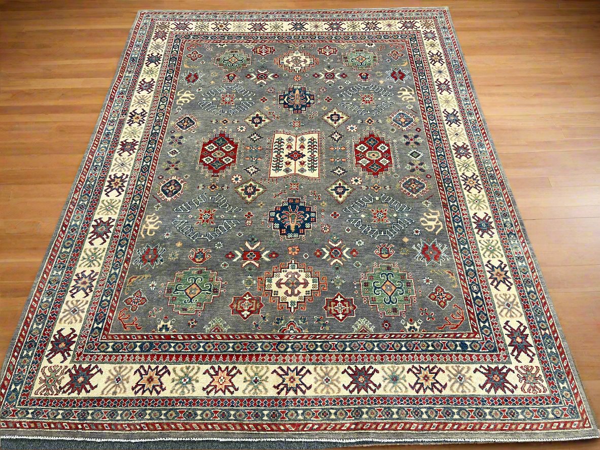 Gray Kazak Geometric 8X10 Handmade Wool Rug # 14486