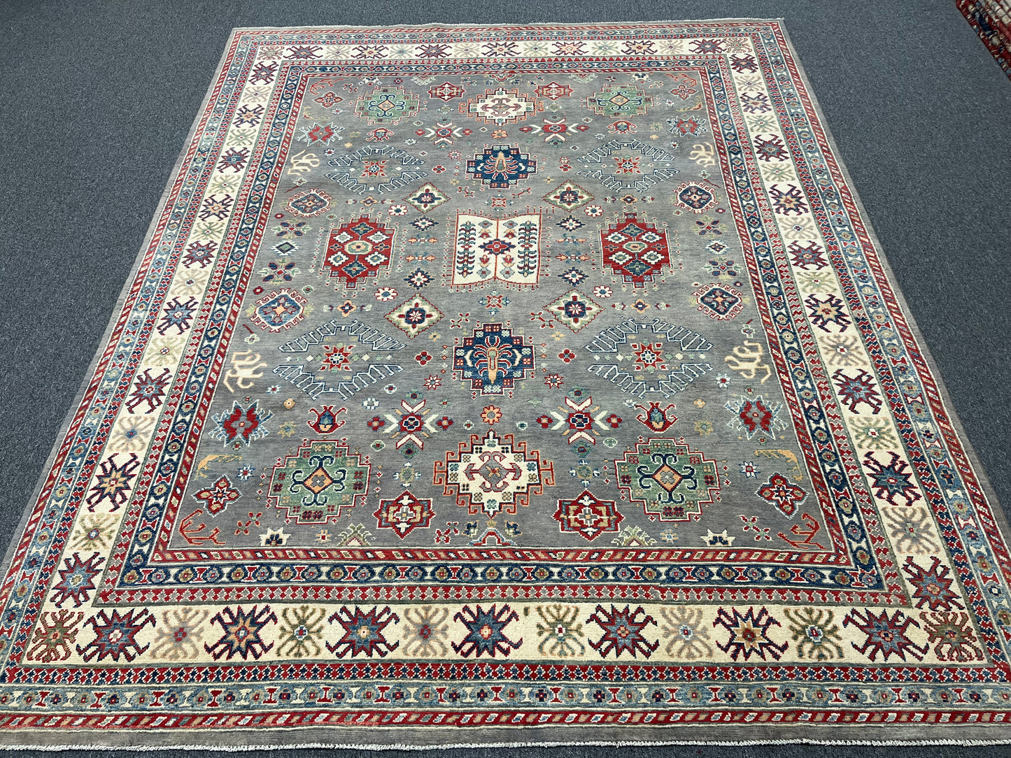 Gray Kazak Geometric 8X10 Handmade Wool Rug # 14486