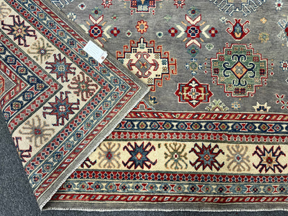 Gray Kazak Geometric 8X10 Handmade Wool Rug # 14486