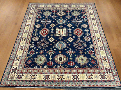 Navy Blue Kazak Geometric 8X10 Handmade Wool Rug # 14452