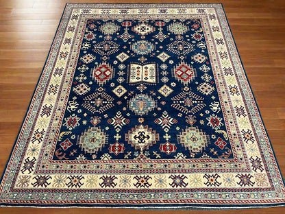 Navy Blue Kazak Geometric 8X10 Handmade Wool Rug # 14452