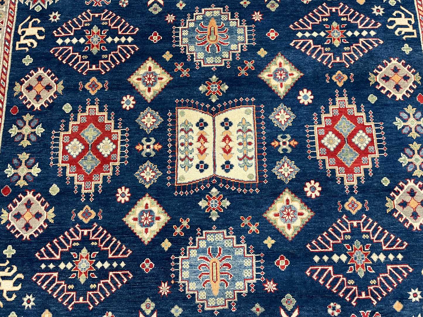 Navy Blue Kazak Geometric 8X10 Handmade Wool Rug # 14452