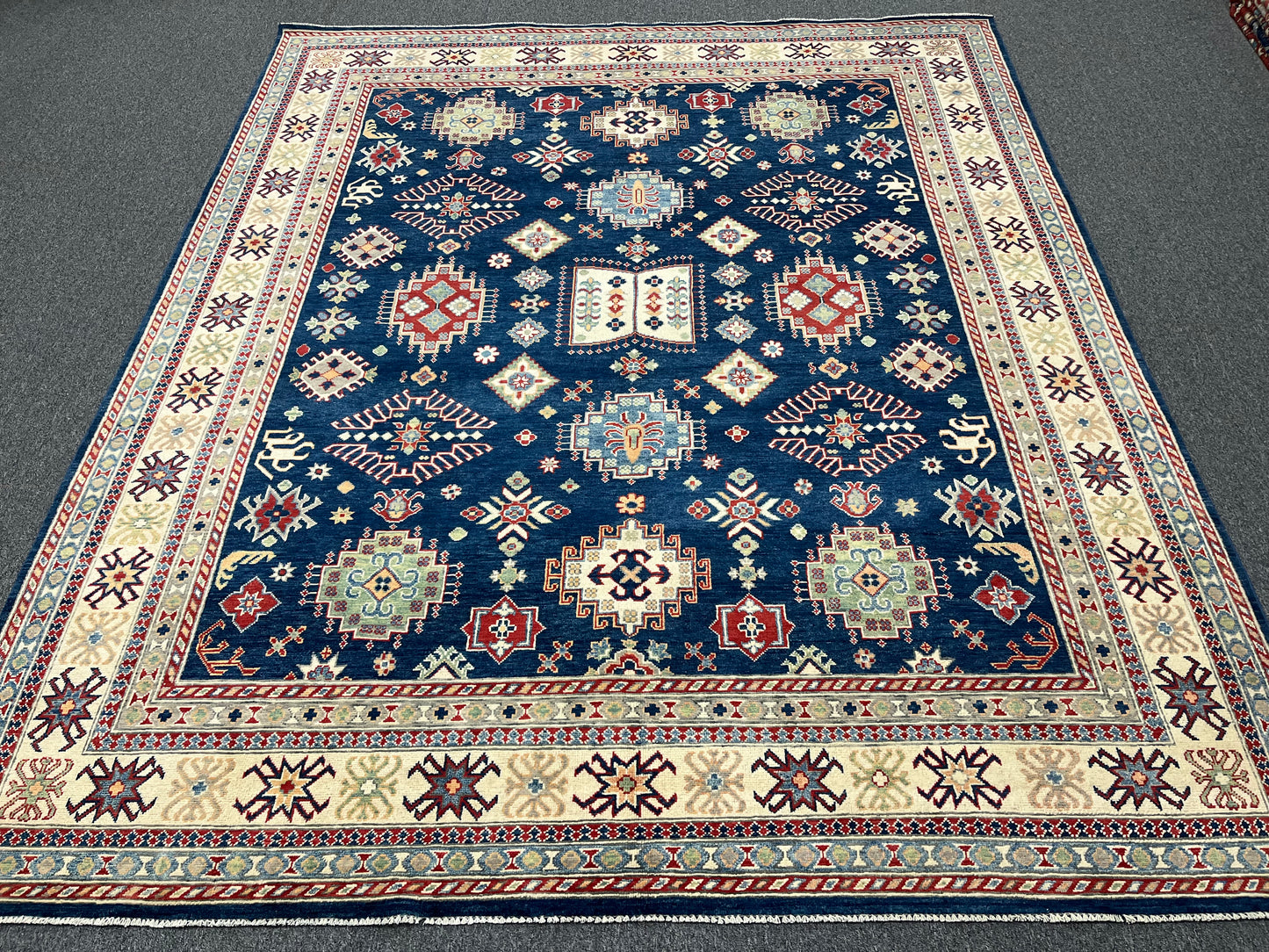 Navy Blue Kazak Geometric 8X10 Handmade Wool Rug # 14452