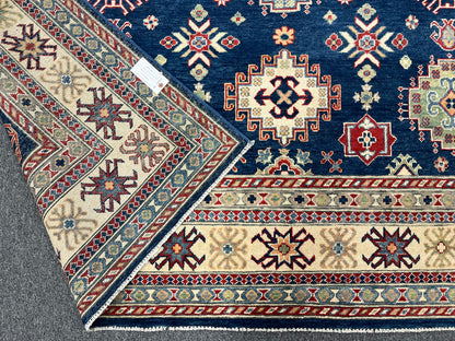 Navy Blue Kazak Geometric 8X10 Handmade Wool Rug # 14452