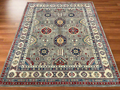 Gray Kazak Geometric 8X10 Handmade Wool Rug # 14487