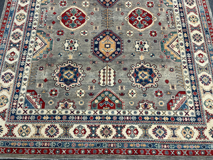 Gray Kazak Geometric 8X10 Handmade Wool Rug # 14487