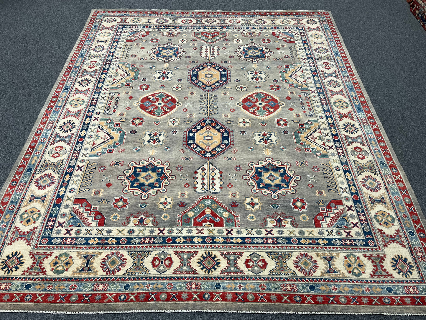 Gray Kazak Geometric 8X10 Handmade Wool Rug # 14487