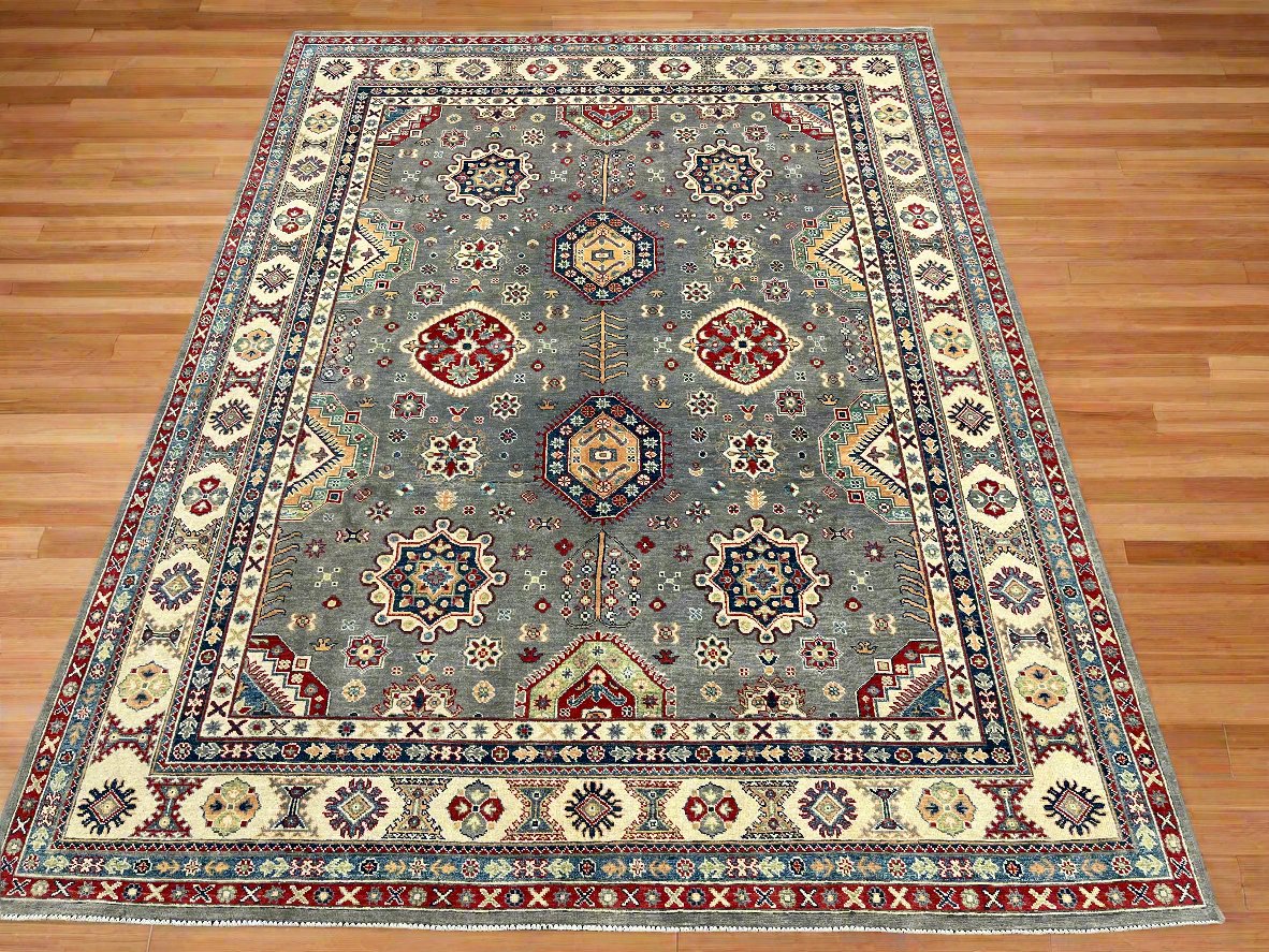 Gray Kazak Geometric 8X10 Handmade Wool Rug # 14438