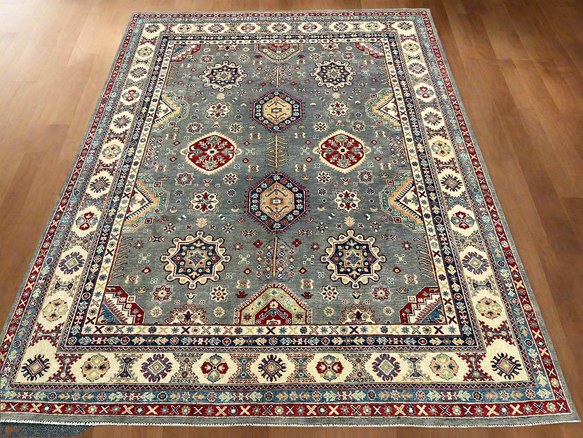 Gray Kazak Geometric 8X10 Handmade Wool Rug # 14438