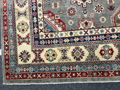 Gray Kazak Geometric 8X10 Handmade Wool Rug # 14438