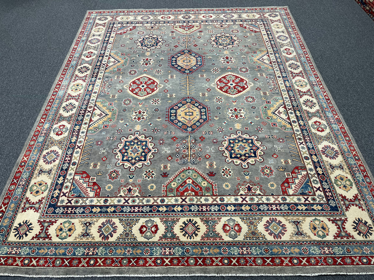 Gray Kazak Geometric 8X10 Handmade Wool Rug # 14438