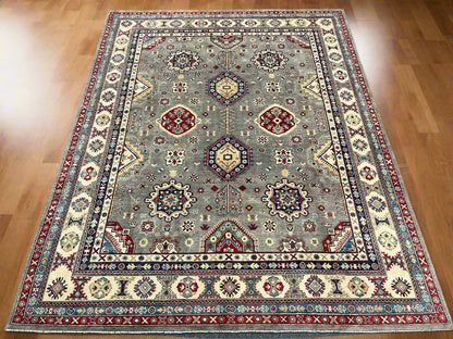 Gray Kazak Geometric 8X10 Handmade Wool Rug # 14451