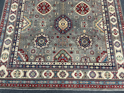 Gray Kazak Geometric 8X10 Handmade Wool Rug # 14451