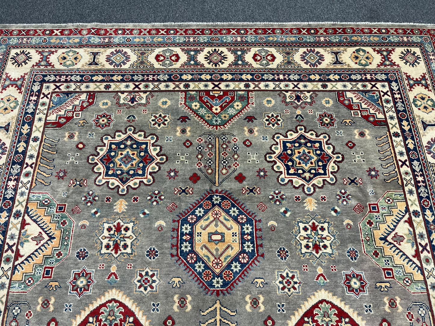 Gray Kazak Geometric 8X10 Handmade Wool Rug # 14451