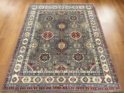 Gray Kazak Geometric 8X10 Handmade Wool Rug # 14453