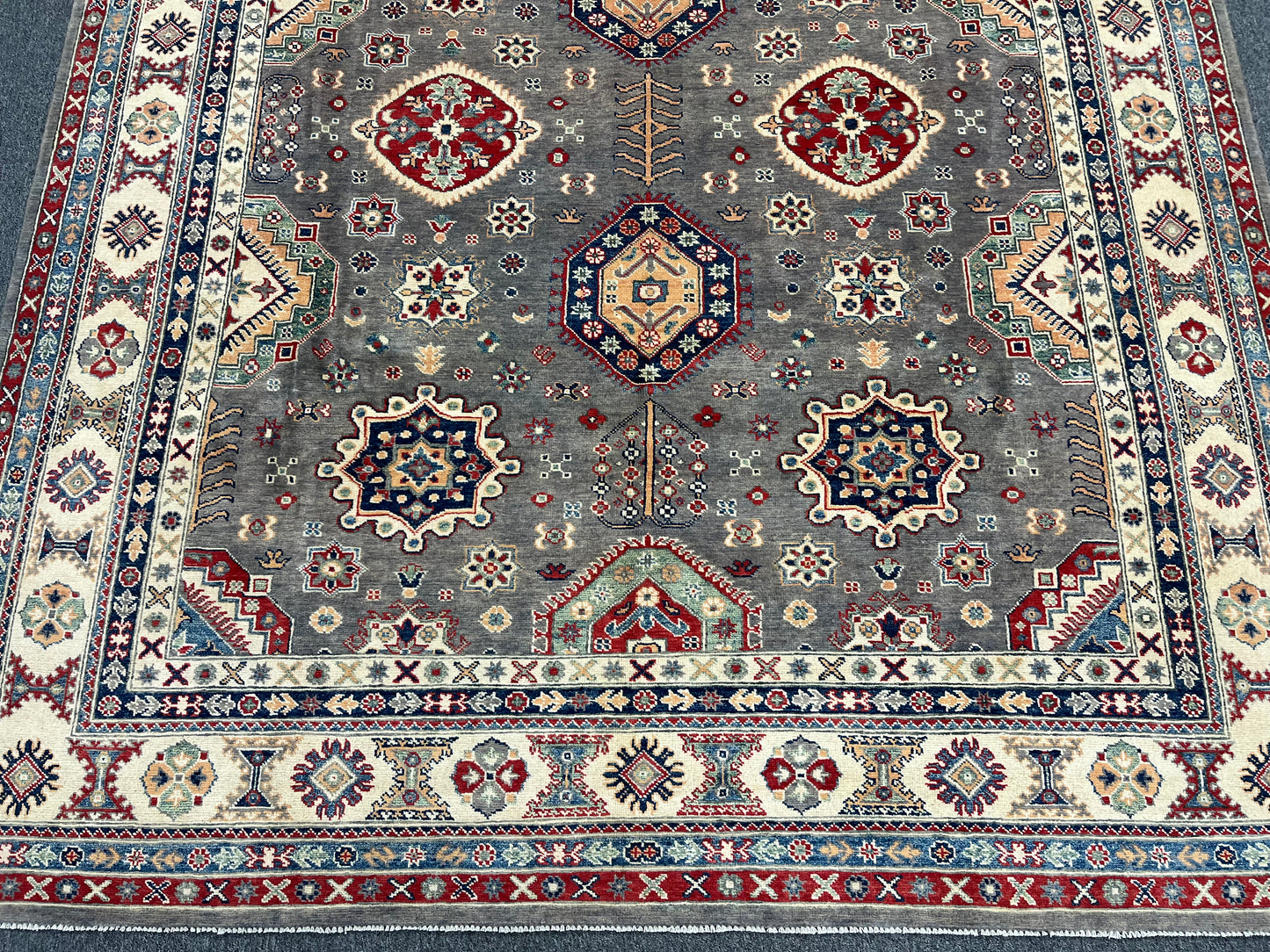 Gray Kazak Geometric 8X10 Handmade Wool Rug # 14453