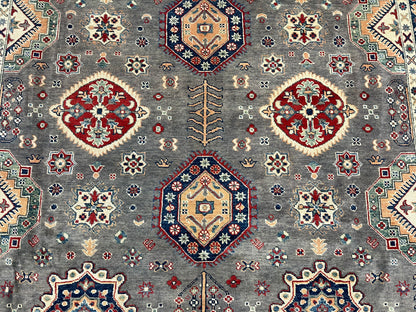 Gray Kazak Geometric 8X10 Handmade Wool Rug # 14453