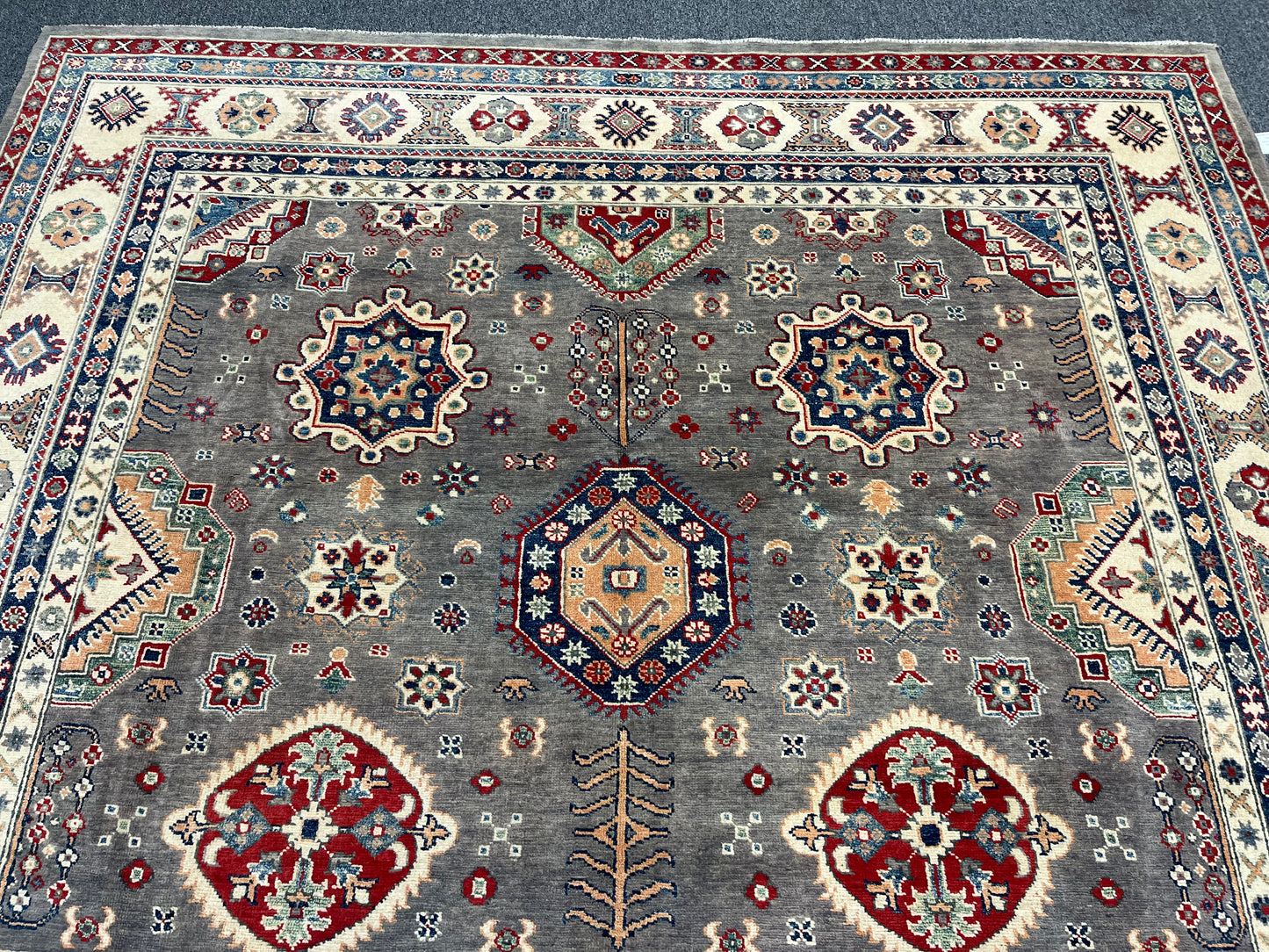 Gray Kazak Geometric 8X10 Handmade Wool Rug # 14453