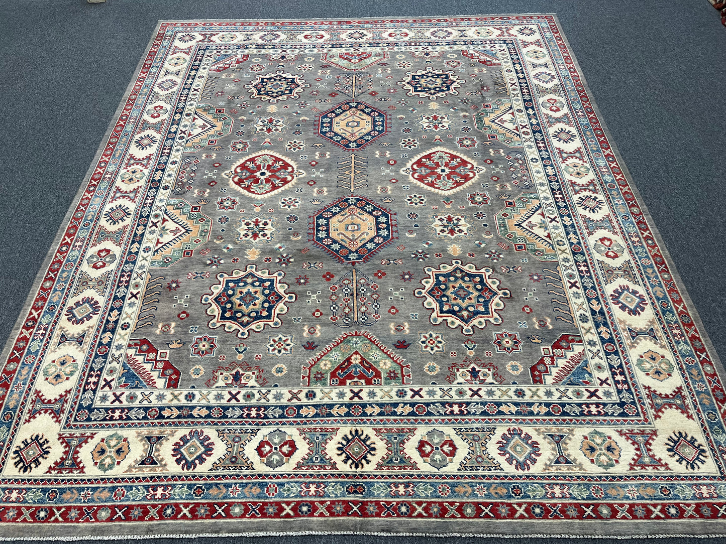 Gray Kazak Geometric 8X10 Handmade Wool Rug # 14453