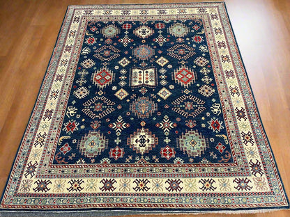 Navy Blue Kazak Geometric 8X10 Handmade Wool Rug # 14437