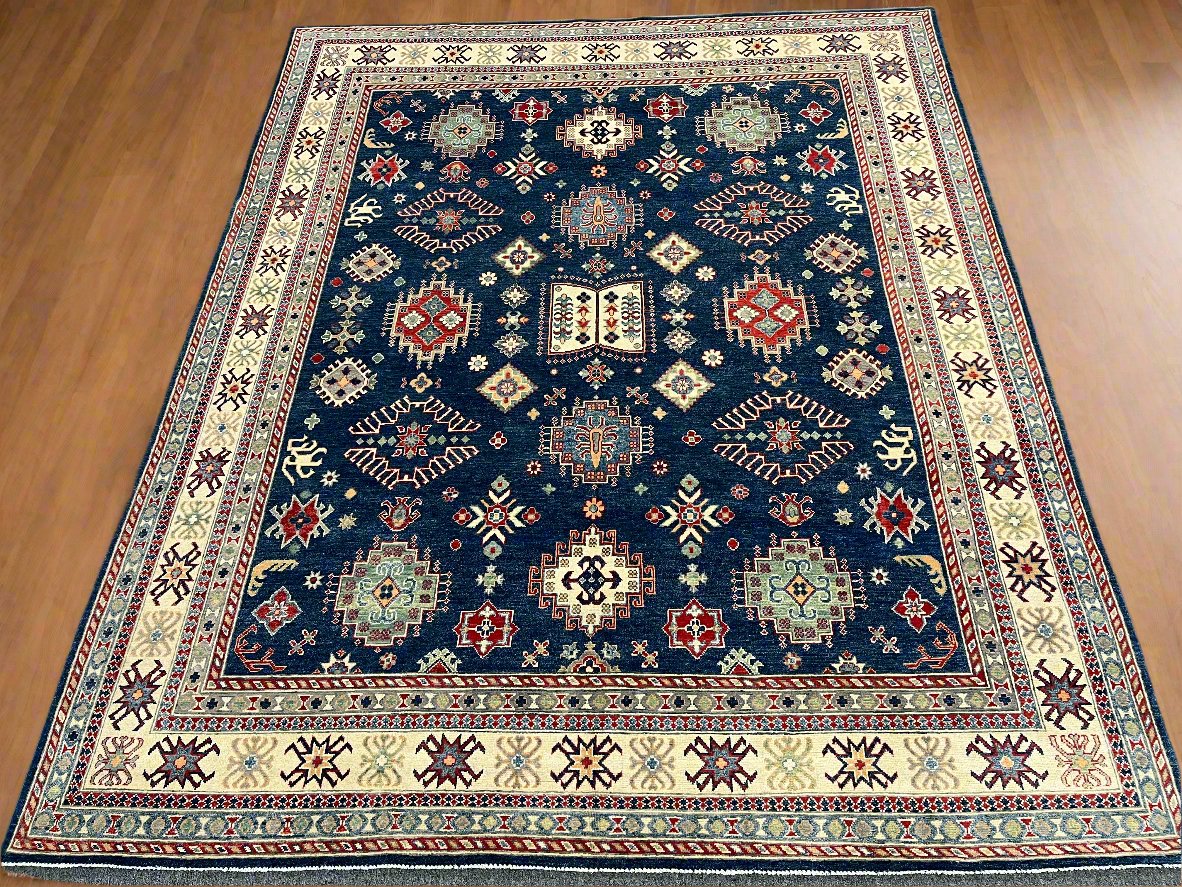 Navy Blue Kazak Geometric 8X10 Handmade Wool Rug # 14437