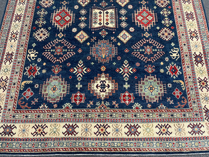 Navy Blue Kazak Geometric 8X10 Handmade Wool Rug # 14437