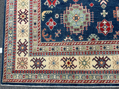 Navy Blue Kazak Geometric 8X10 Handmade Wool Rug # 14437