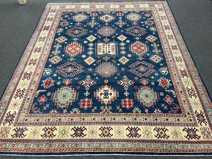 Navy Blue Kazak Geometric 8X10 Handmade Wool Rug # 14437