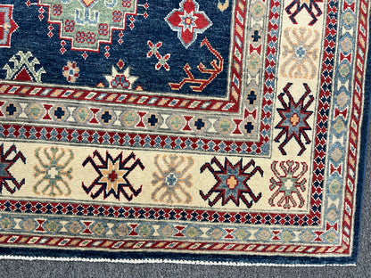 Navy Blue Kazak Geometric 8X10 Handmade Wool Rug # 14437