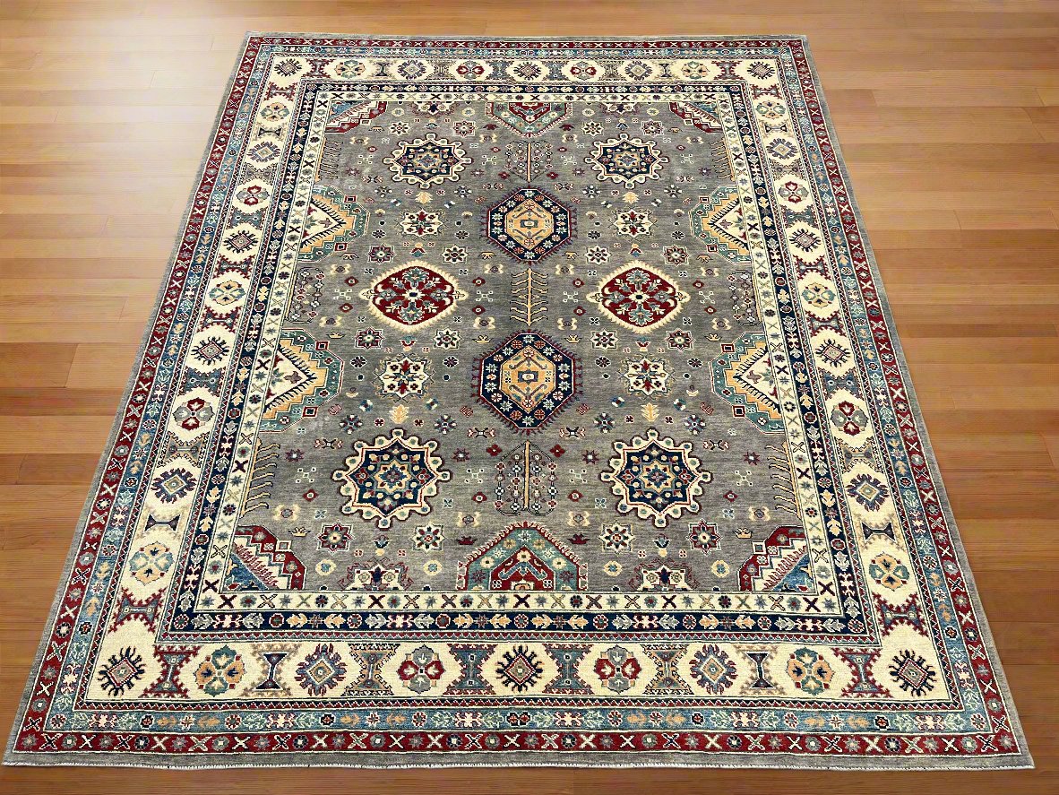 Gray Kazak Geometric 8X10 Handmade Wool Rug # 14436