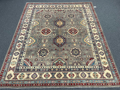 Gray Kazak Geometric 8X10 Handmade Wool Rug # 14436