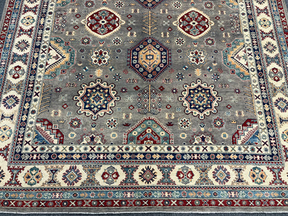 Gray Kazak Geometric 8X10 Handmade Wool Rug # 14436