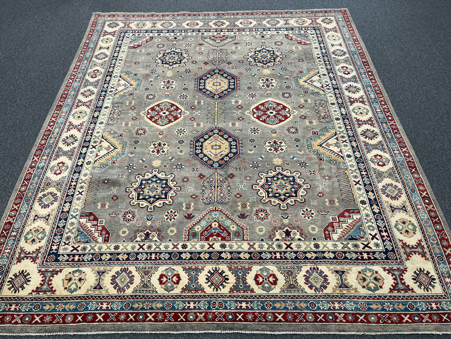 Gray Kazak Geometric 8X10 Handmade Wool Rug # 14436