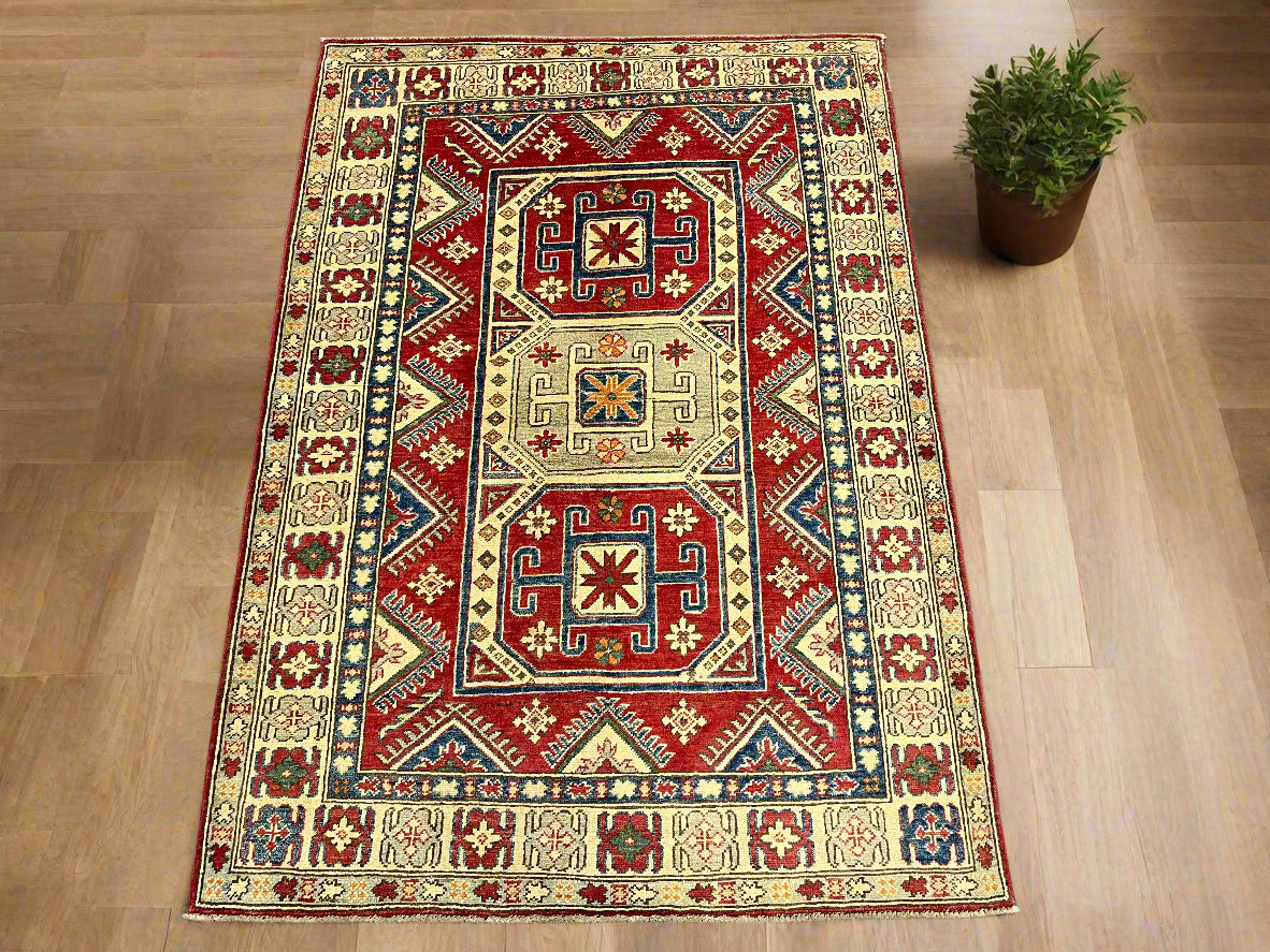 Geometric 4X6 Kazak Handmade Wool Rug # 9884